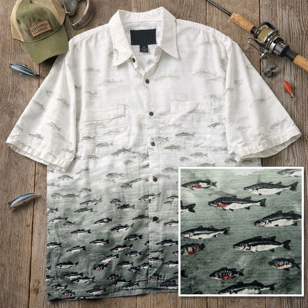 North River Mens Button Front Shirt Short Sleeve Cotton Vintage Trout Bass Trout